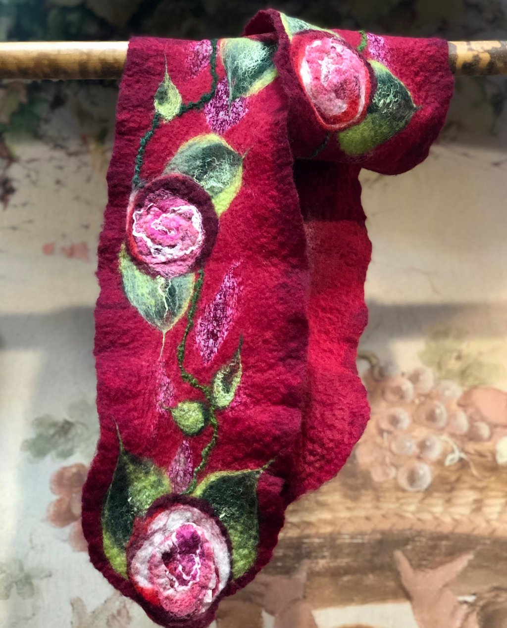 Agnes Foss - Felted Merino Scarf - Crimson Roses on Crimson Background Agnes Foss - Felted Merino Scarf - Crimson Roses on Crimson Background